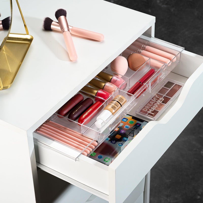 Masirs Expandable Drawer Organizer - Customizable Makeup Vanity Organizing Storage Tray for Bathroom, Bedroom & Desk Drawers - Clear Plastic Cosmetics Organizers with Expanding Compartment (Set of 2) - Image 1
